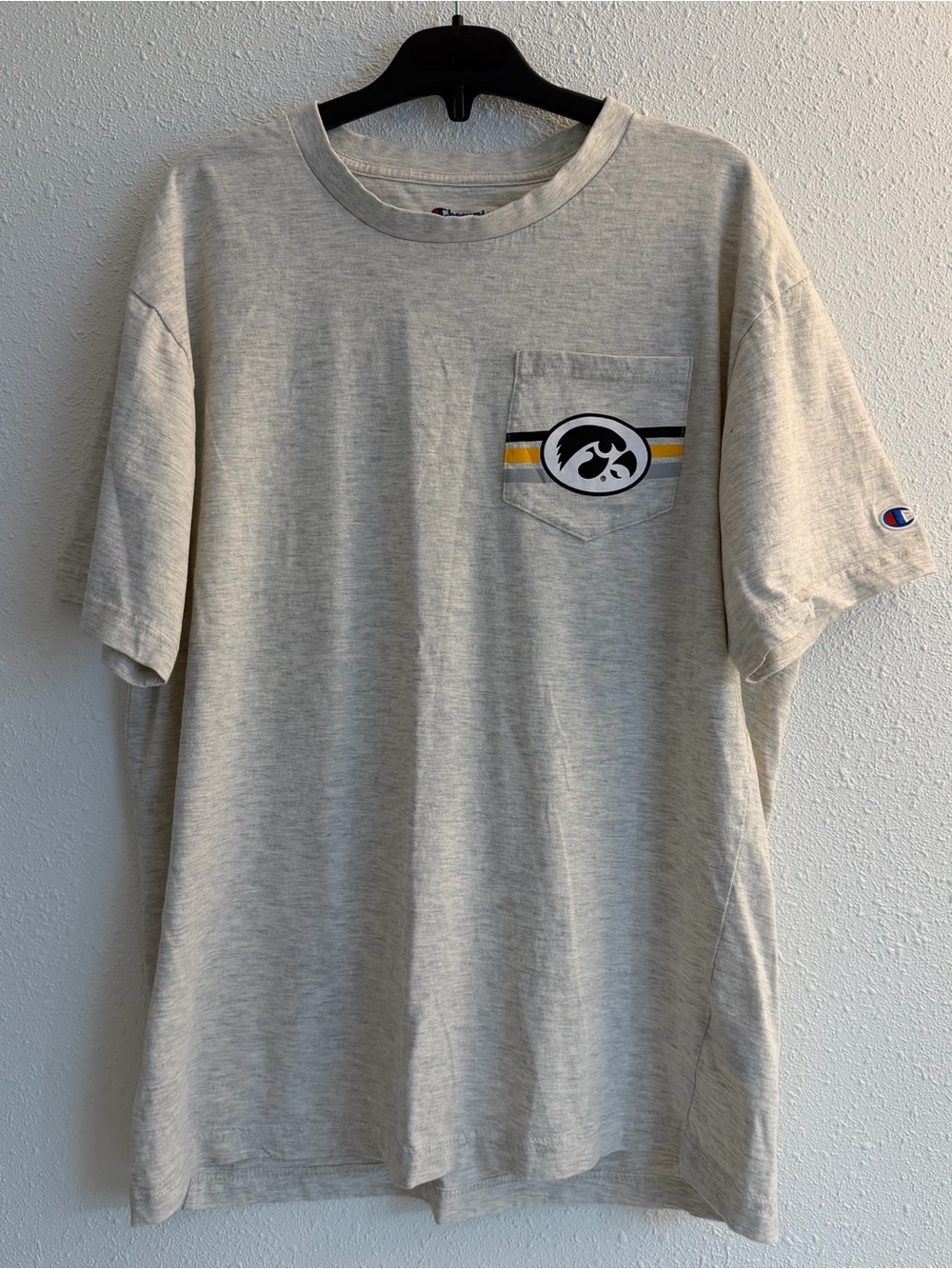 Champion Heather Gray Pocket Tee with Black and Gold Stripe Iowa Logo